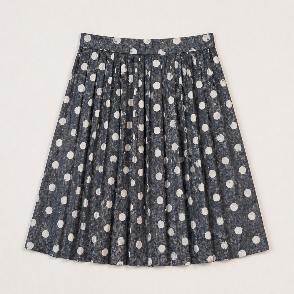 Vtg Polka Dot Pleated Skirt Grey White Abstract Elastic Waist Moon L Maximalist